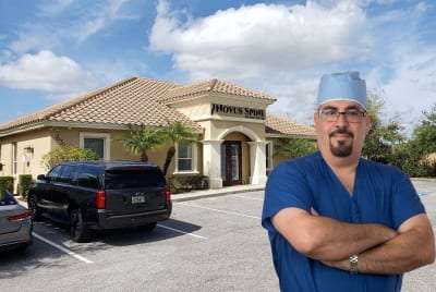 Novus Spine & Pain Center exterior with Dr. Torres