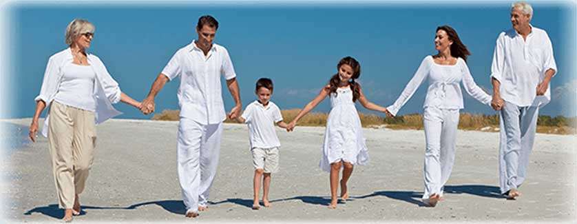 pain free family walking on beach